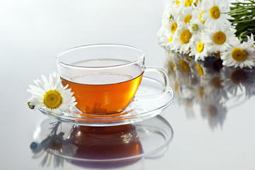 Transparent cup with green tea and fresh herbal bouquet