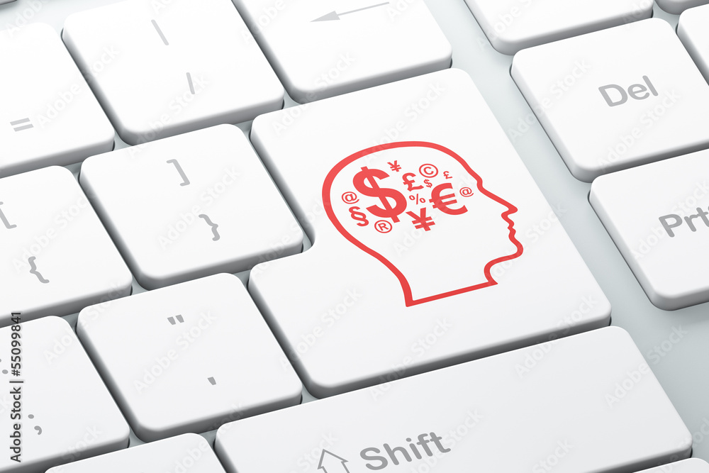 Poster finance concept: head with finance symbol on computer keyboard b