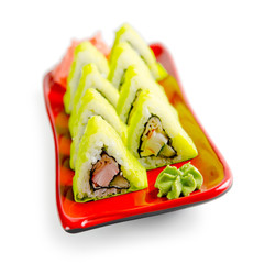 traditional fresh japanese sushi rolls on a white background