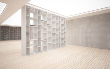  Abstract interior. Stylish white shelves against the concrete a