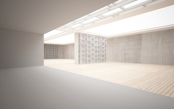  Abstract interior. Stylish white shelves against the concrete a