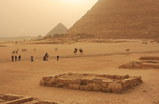 Giza Plateau in a sand storm, Cairo