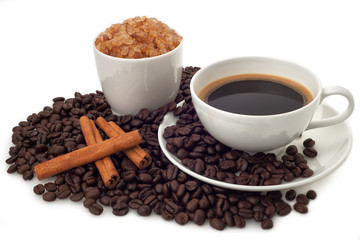 Coffee cup with beans and sugar on white background