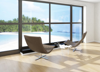 Two lounge chairs against huge window with seascape view