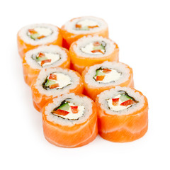 traditional fresh japanese sushi rolls on a white background