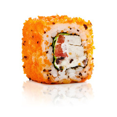 traditional fresh japanese sushi rolls on a white background