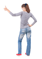 Back view of  woman thumbs up.