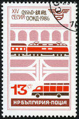 stamp shows freight transportations by train and car
