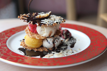 Waffles with ice cream and fruits