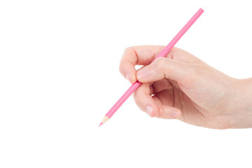 Caucasian hand with pink pencil