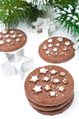 Christmas chocolate cookies, baking dish on white background