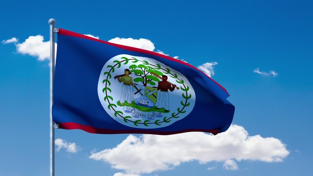 Belizean flag waving over a blue cloudy sky