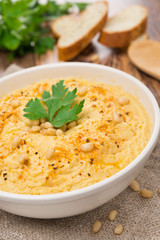 Hummus with pine nuts in a bowl and pieces of bread