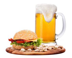 Closeup of homemade burger and beer