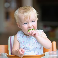 Adorable toddler girl bites on freshly steamed broccoli