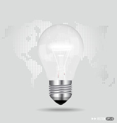 Illustration of an electric light bulb with a world map. Vector