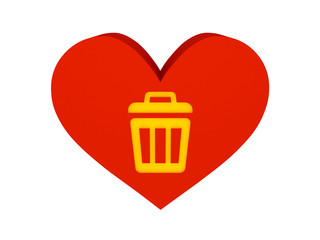Big red heart with trash can symbol. Concept 3D illustration