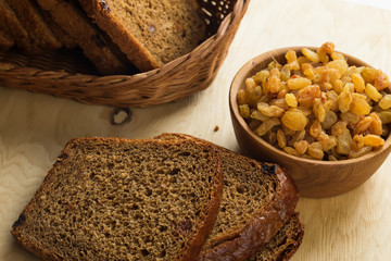Sliced loaf of bread with raisins