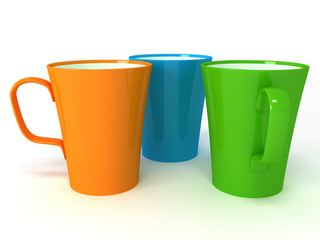 three cups on white background
