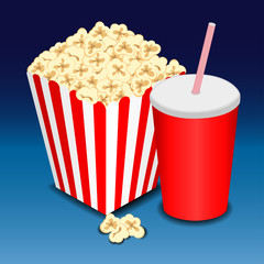 full glass with drink and popcorn, vector illustration