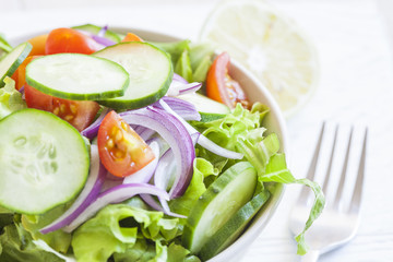 fresh green salad with cucumber, tomato and red onion.