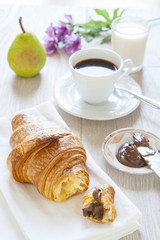 Croissants with chocolate, milk and coffee, delicious breakfast