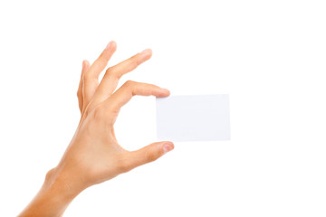 Male's hand holding a blank card