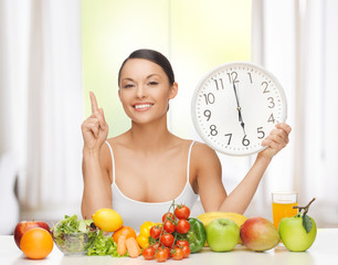 woman with fruits, vegetables and clock
