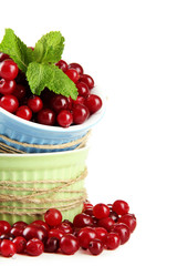 Ripe red cranberries in bowls, isolated on white.