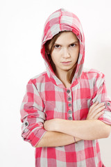 young agressive little hoodie girl of eleven years old