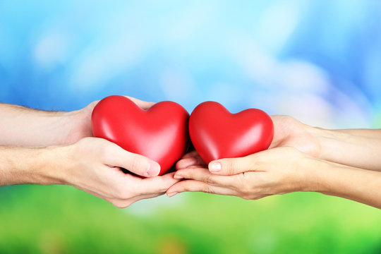 Hearts in hands on nature background