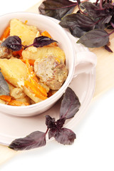 Homemade beef stir fry with vegetables in color bowl, isolated