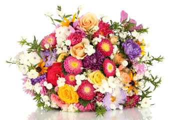 Beautiful bouquet of bright flowers isolated on white