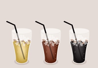 Three Kind of Iced Coffee on Brown Background