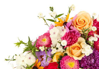 Beautiful bouquet of bright flowers isolated on white