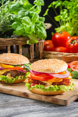 Closeup of two homemade burgers made ​​from fresh vegetables