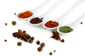 Assortment of spices in  white spoons, isolated on white