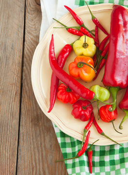 Colored sweet peppers and hot chili peppers