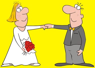  bride and groom, wedding, older pair, woman and man, vector illustration on yellow background