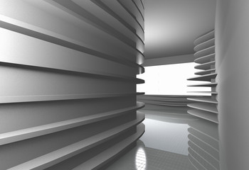 Conceptual interior with white curve shelfs