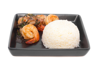 thai food, stir fried shrimp and basil with rice