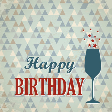 retro triangular happy birthday card with wine glass