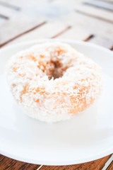 Piece of vanilla coconut donut on white plate