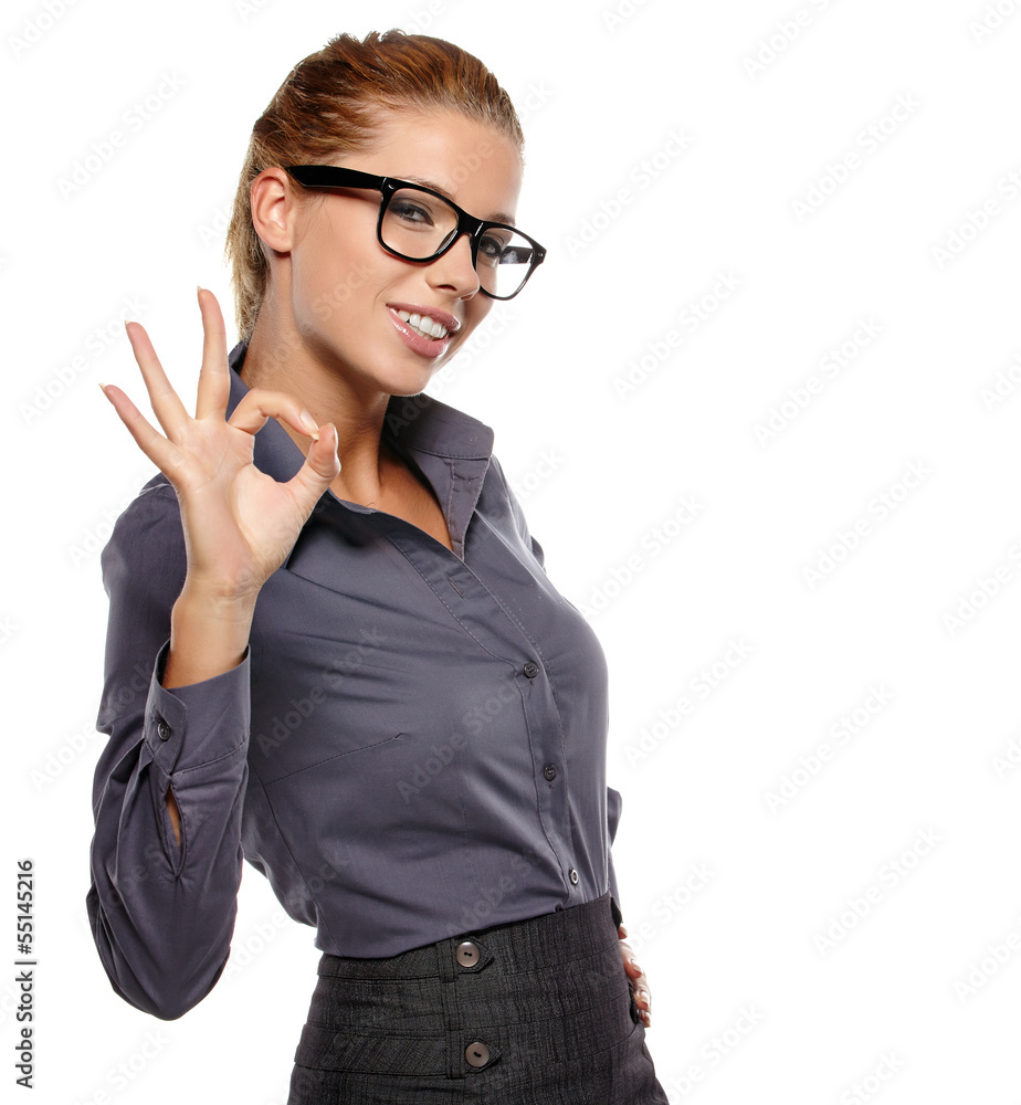 Sticker Happy smiling business woman with thumbs up gesture