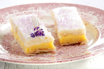 cake with custard and icing sugar