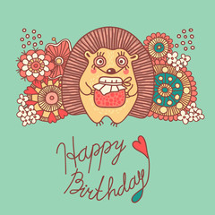 Cute card with a hedgehog and flowers - Happy Birthday
