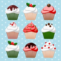 Christmas set of cupcakes and muffins, vector illustration