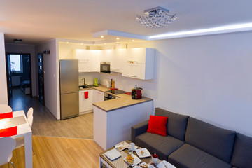 Modern living room with kitchen interior