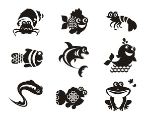 Stylized marine animals on a white background