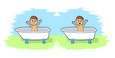 Illustrations of happy and sad child in a tub